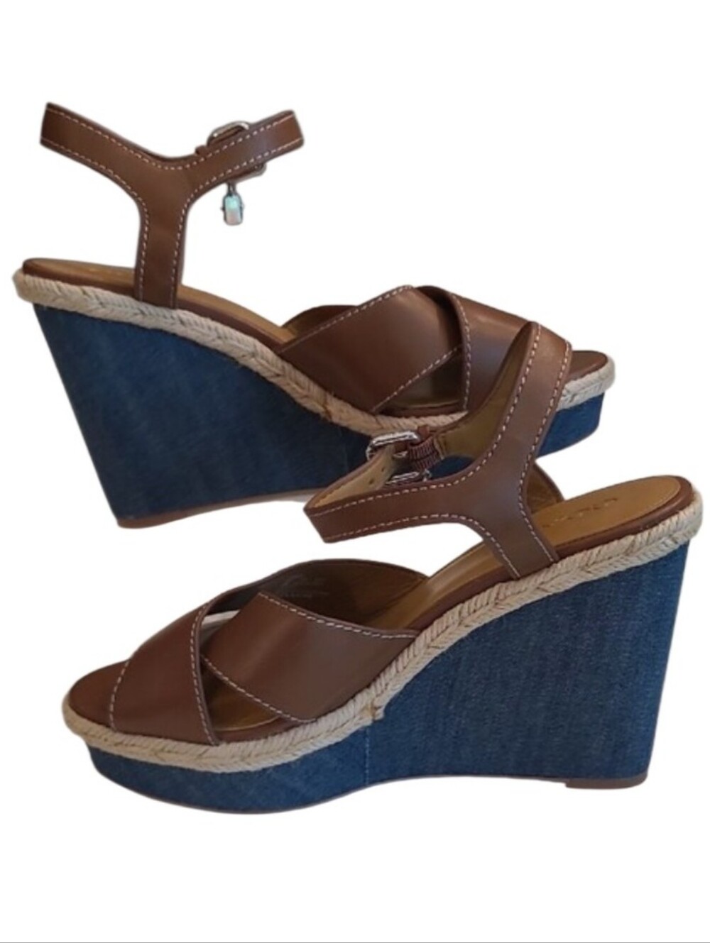Coach Eaton Leather & Denim Strappy Crossover Wedge Sandal Ankle Strap Platform